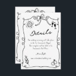 Carte D'accompagnement Whimsical Romantic Main dessinée Détails du Mariag<br><div class="desc">Élevez votre mariage avec une carte d'encaissement de détails noir et blanc amusant et amusant avec des illustrations fantaisistes mais romantiques de vin,  boule de disco et anneaux de mariage.</div>