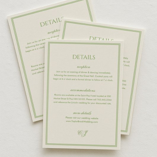 Carte D'accompagnement White and Sage Green Wedding Details