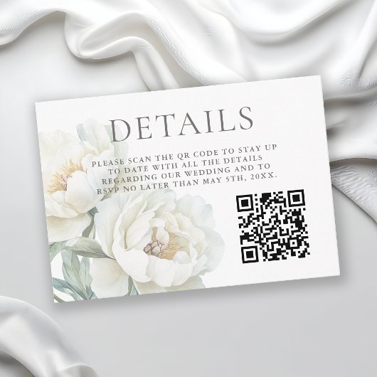 Carte D'accompagnement White Peonies Floral Wedding Details QR code