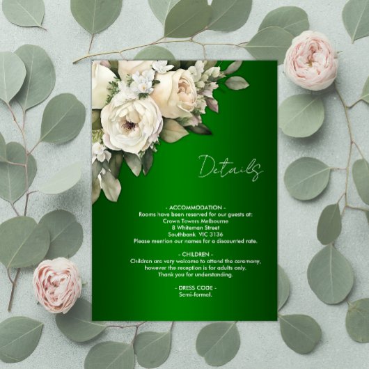 Carte D'accompagnement White Roses and Emerald Green Boho Détails du Mari