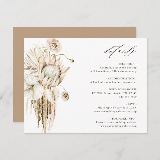 Carte D'accompagnement Wild Boho Protea Pampas Grass Mariage Détails (Devant / Derrière)