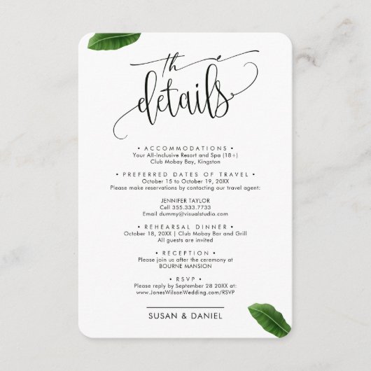 Carte D'accompagnement Wild Tropical Feuille Photo Mariage Détails de voy (Devant)