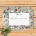Carte D'accompagnement Winter Christmas Greenery Gold Détails Mariage<br><div class="desc">Annoncez votre mariage d'hiver avec une touche d'élégance glacée. Notre magnifique carte de détails mariages comporte une scène d'aquarelle captivante. Les branches de pin croustillantes et l'eucalyptus parfumé se mêlent aux roses rouges vibrantes et aux baies bleues profondes, le tout niché au milieu d'un feuillage verdoyant. Le design brille sur...</div>