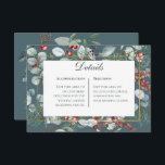 Carte D'accompagnement Winter Christmas Greenery Turquoise Détails Mariag<br><div class="desc">Célébrez votre amour avec le charme enchanteur de l'hiver! Notre faire-part de mariage à thème hivernal présente une délicate aquarelle de pin rustique, eucalyptus, baies rouges et bleues, et feuillage vert luxuriant, le tout encadrant magnifiquement une fine bordure en faux or et une élégante boîte de texte blanche. Placé face...</div>