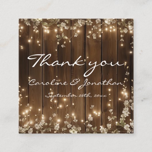 Carte D'accompagnement Wood Rustic String Lights Mariage Merci Note (Devant)