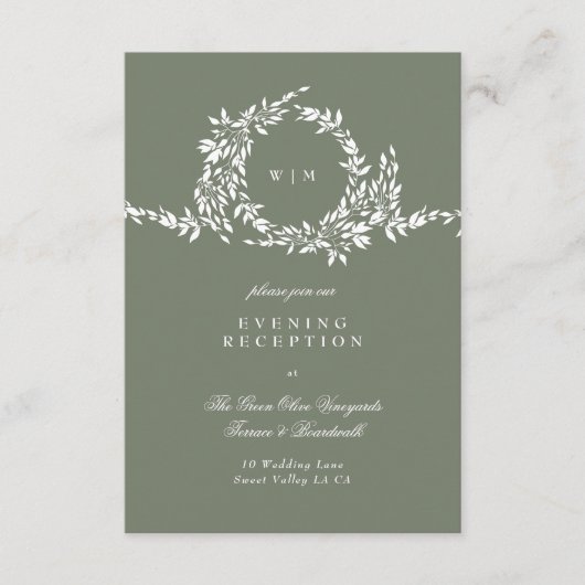 Carte D'accompagnement Wreath Monogramme Sage Green Mariage Réception (Devant)