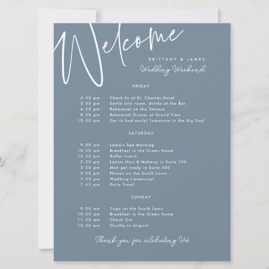 Carte d'accueil bleu mariage pour le week-end (Devant)