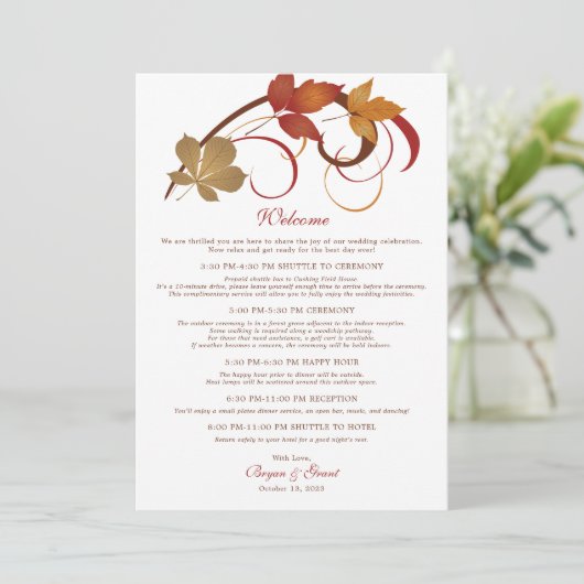 Carte d'accueil Rustic Falling Feuille Mariage (Debout devant)