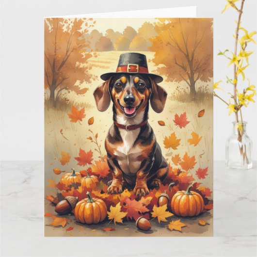Carte Dachshund À L'Automne Laisse L'Art Thanksgiving (Fleur jaune)