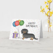 Carte Dachshund à poil long noir et feu Joyeux Anniversa (Fleur jaune)