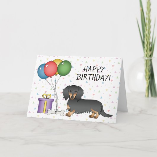 Carte Dachshund à poil long noir et feu Joyeux Anniversa (Devant)