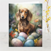 Carte Dachshund aux oeufs de Pâques (Fleur jaune)
