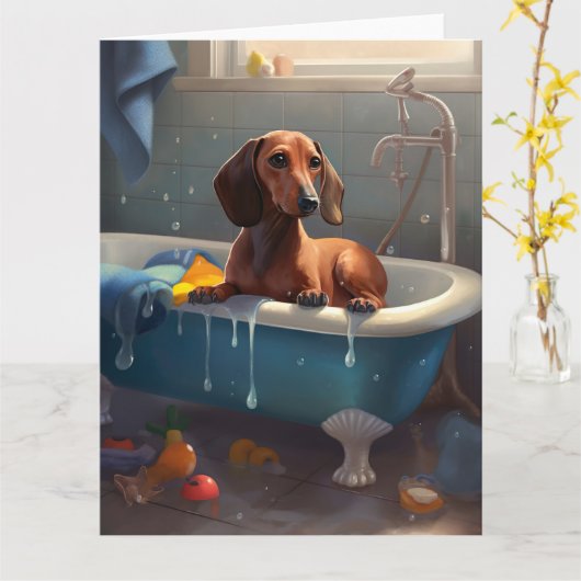 Carte Dachshund Bathtime Fun (Fleur jaune)