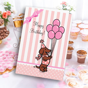 Carte Dachshund Caricature Ballons rose Anniversaire