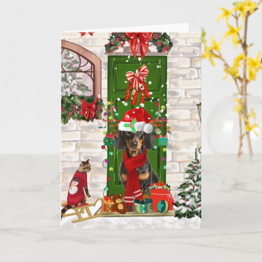 Carte Dachshund Chien de Noël (Fleur jaune)