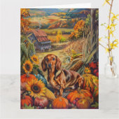 Carte Dachshund Chien Moisson Automne Thanksgiving (Fleur jaune)