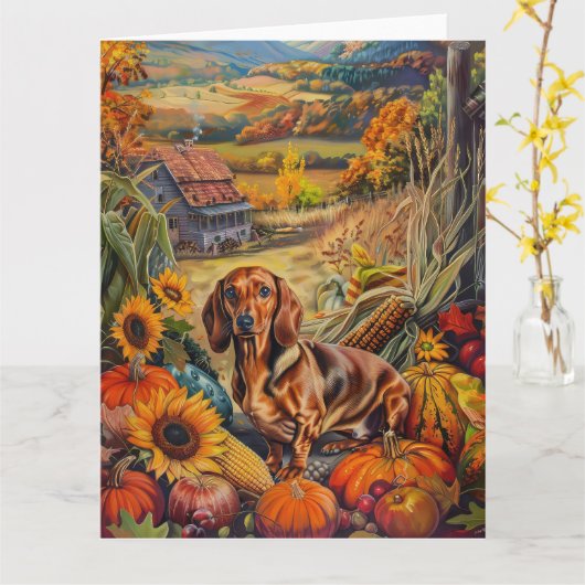 Carte Dachshund Chien Moisson Automne Thanksgiving (Fleur jaune)