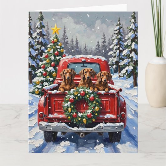 Carte Dachshund Christmas Red Truck Holiday (Devant)