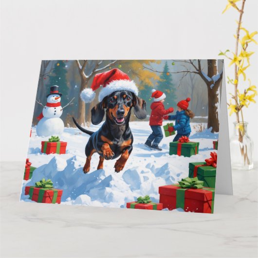 Carte Dachshund Courir en neige avec Casquette de Noël (Fleur jaune)