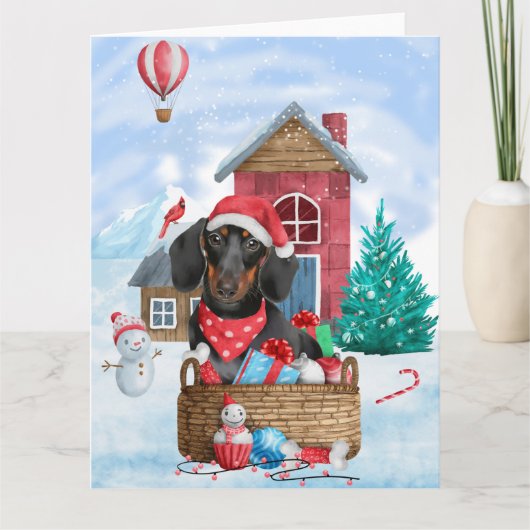 Carte Dachshund dans une maison pour chien de Noël ennei (Devant)
