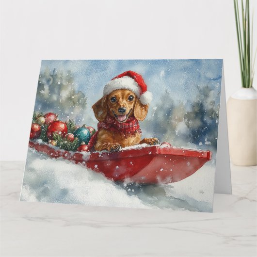 Carte Dachshund Dog in Sledge Let it neige Noël (Devant)