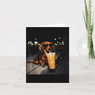 Carte Dachshund drôle qui boit du café glacé Mème de chi