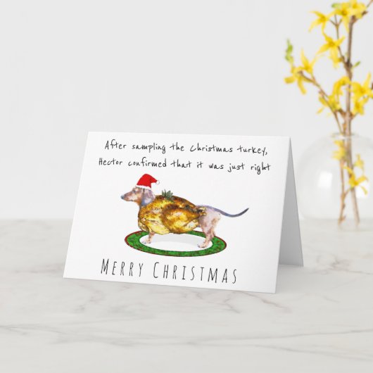 Carte Dachshund gourmand mange la dinde de Noël (Fleur jaune)