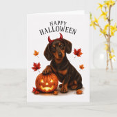 Carte Dachshund Halloween Diable Chien (Fleur jaune)