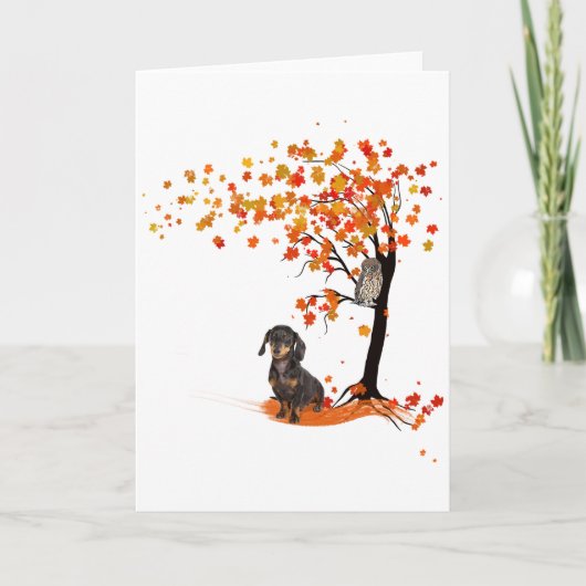 Carte Dachshund Hibou Et Arbre D'automne Amoureux De Dac (Devant)