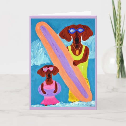 Carte Dachshund surfeur avec chiot (Devant)