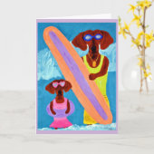 Carte Dachshund surfeur avec chiot (Fleur jaune)