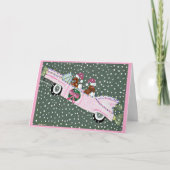 Carte Dachshunds à Noël dans une décapotable rose (Devant)
