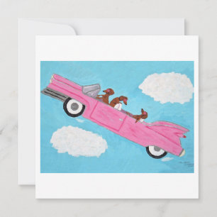 Carte Dachshunds dans une décapotable rose dans le ciel