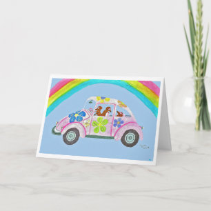 Carte Dachshunds dans une voiture hippie sous un arc-en-