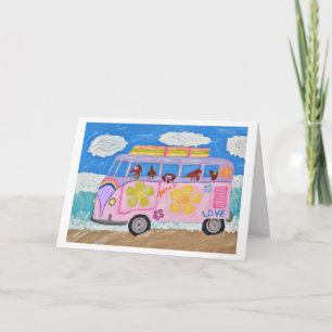 Carte Dachshunds Hippies dans un Van de Flower Child à l