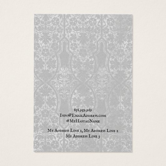 Carte d'affichage pour bijoux, Damas gris rustique (Dos)