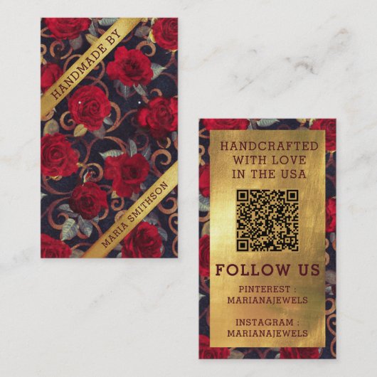 Carte d'affichage Red Roses Gold Damask QR Code (Devant / Derrière)