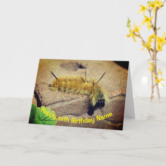 Carte Dagger Moth Caterpillar Anniversaire personnalisé (Fleur jaune)