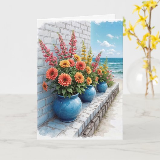 Carte Dahlia Beach Pots Penser à vous (Fleur jaune)