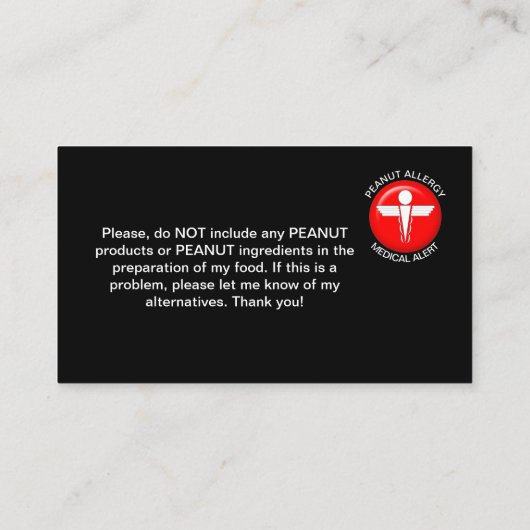 Carte d'alerte Médicale pour les allergies PEANUT (Dos)