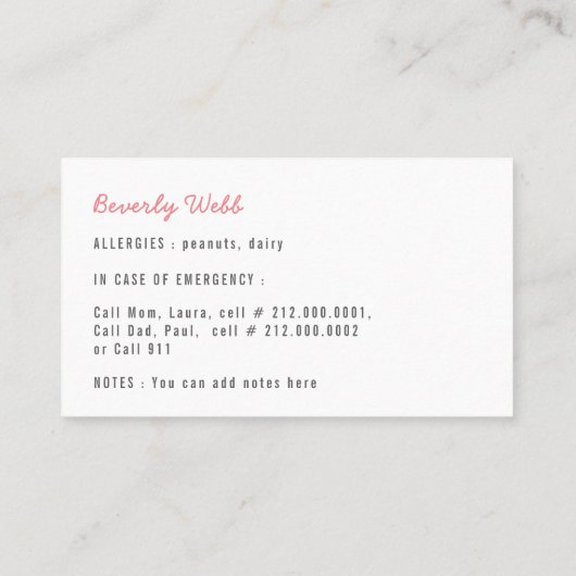 Carte d'alerte Médicale pour les enfants Tiger & C (Dos)