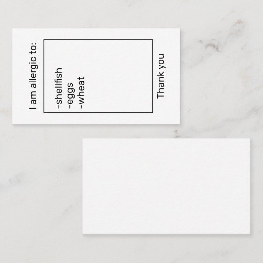 Carte d'allergie (Devant / Derrière)