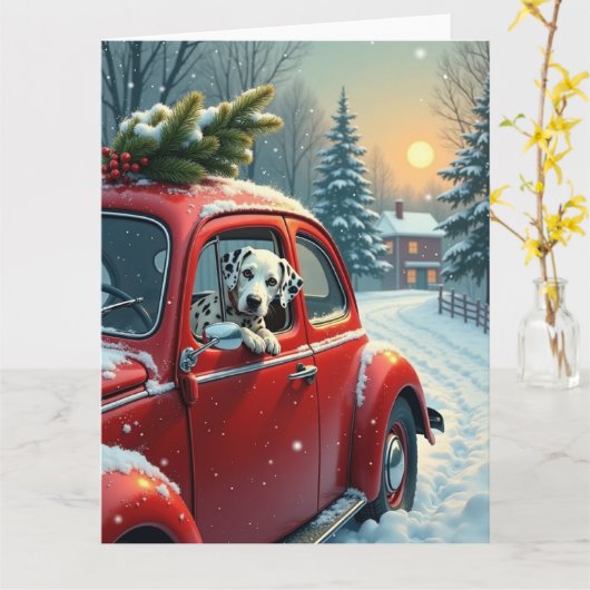 Carte Dalmatian Snowy Car Ride Christmas Painting (Fleur jaune)