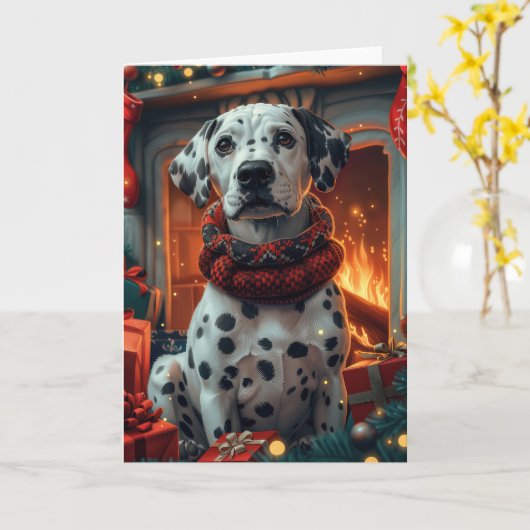 Carte Dalmatien avec des cadeaux de Noël Cheminée (Fleur jaune)