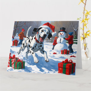Carte Dalmatien courant dans la neige avec un chapeau de