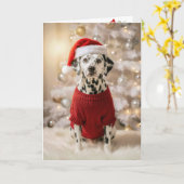 Carte Dalmatien portant un pull de Noël rouge (Fleur jaune)