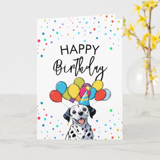 Carte Dalmation mignonne avec ballons et Confetti Annive (Fleur jaune)