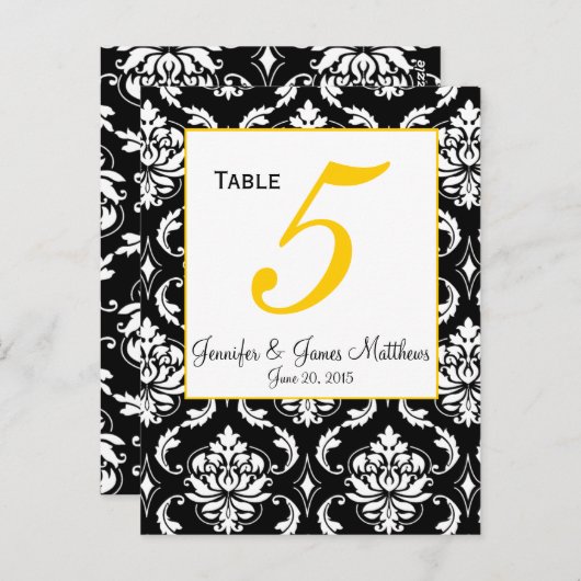 Carte Damask Yellow Mariage Numéro de table (Devant / Derrière)