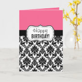 Carte Damassé rose et noire, anniversaire (Fleur jaune)