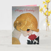 Carte DAME AVEC ROSE ROUGE Joyeux anniversaire (Fleur jaune)